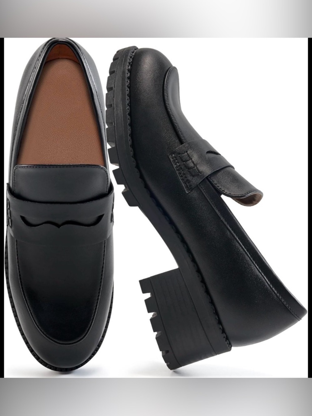 NEW! Classic Black Faux Leather Chunky Lug-Sole Loafers Sz EU 40 / US 9
